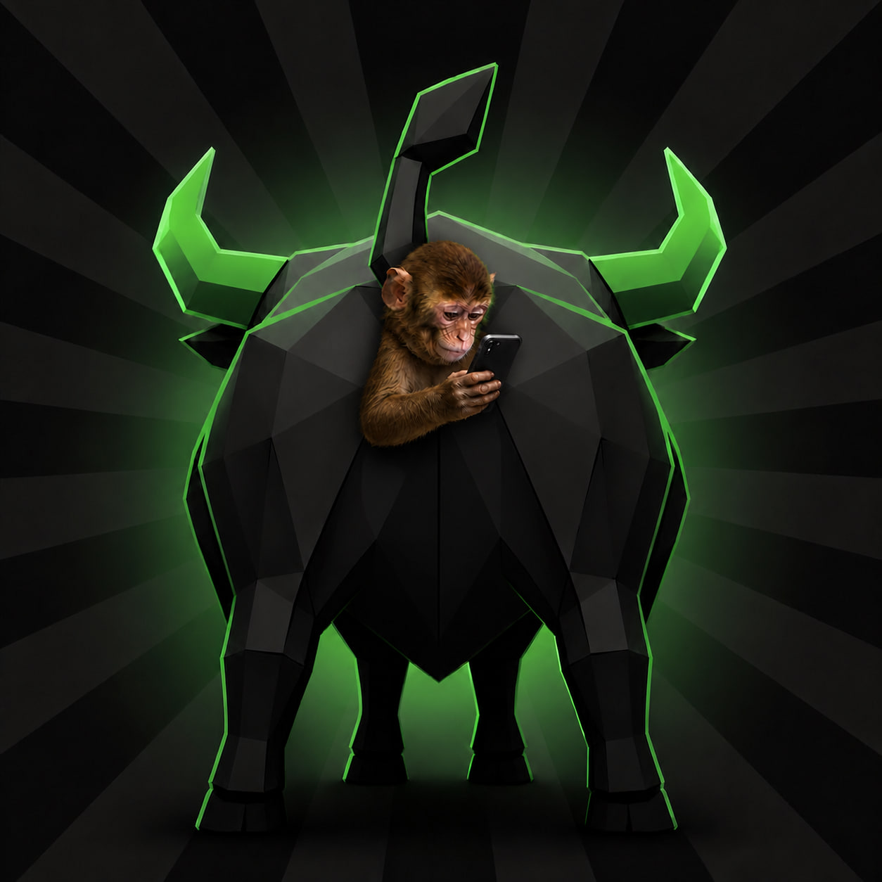 $APEINBULL — a low-poly neon-green bull with a baby monkey checking his phone