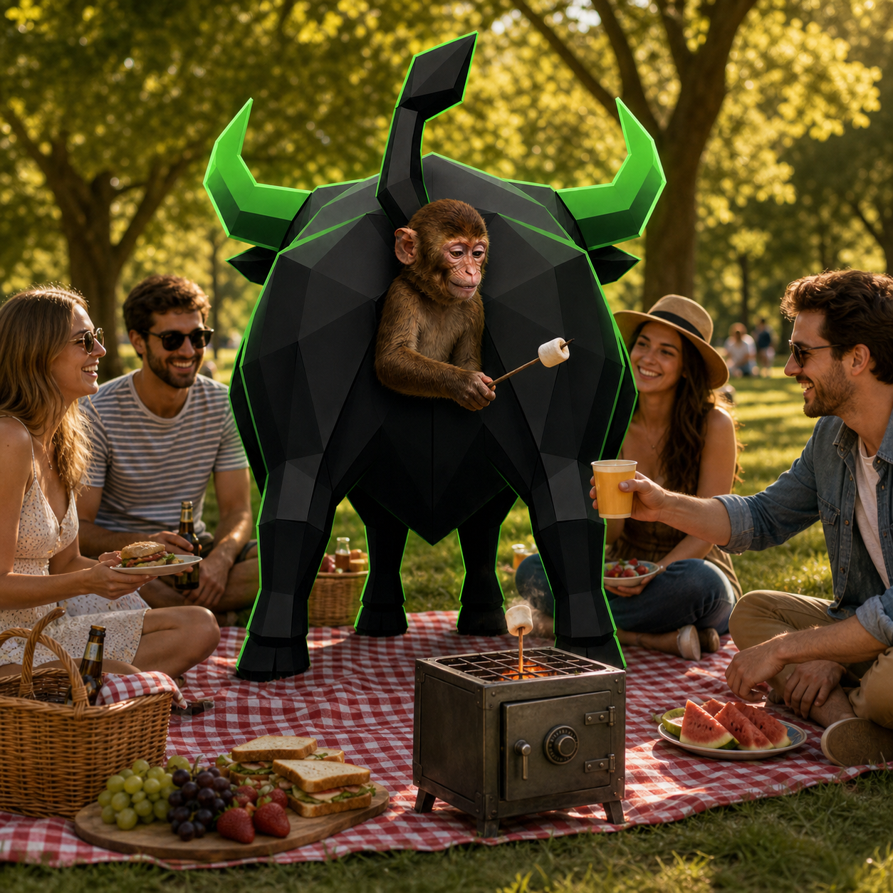 The neon bull and ape roasting marshmallows over a vault at a park picnic